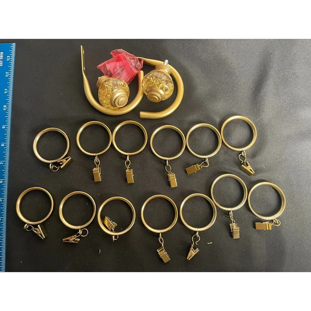 Gold Curtain Hardware Set 12 Clip Rings and‎ 2 Glass Finial J-Hook Holdbacks